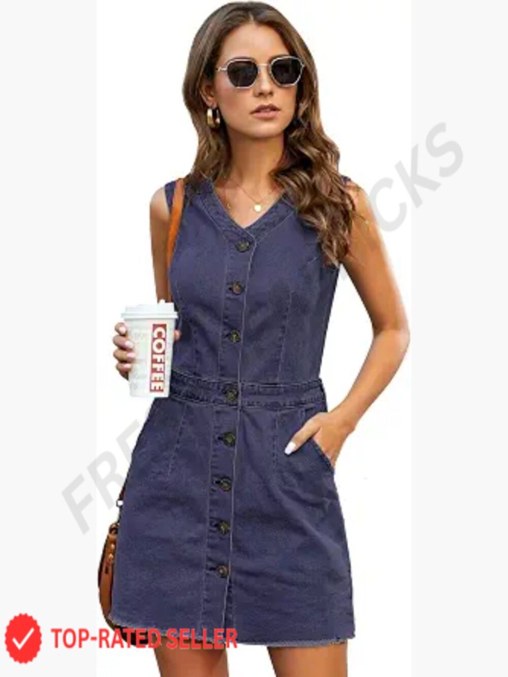 Sleeveless V Neck Button Down Frayed Hem Short Denim Dress with Pockets